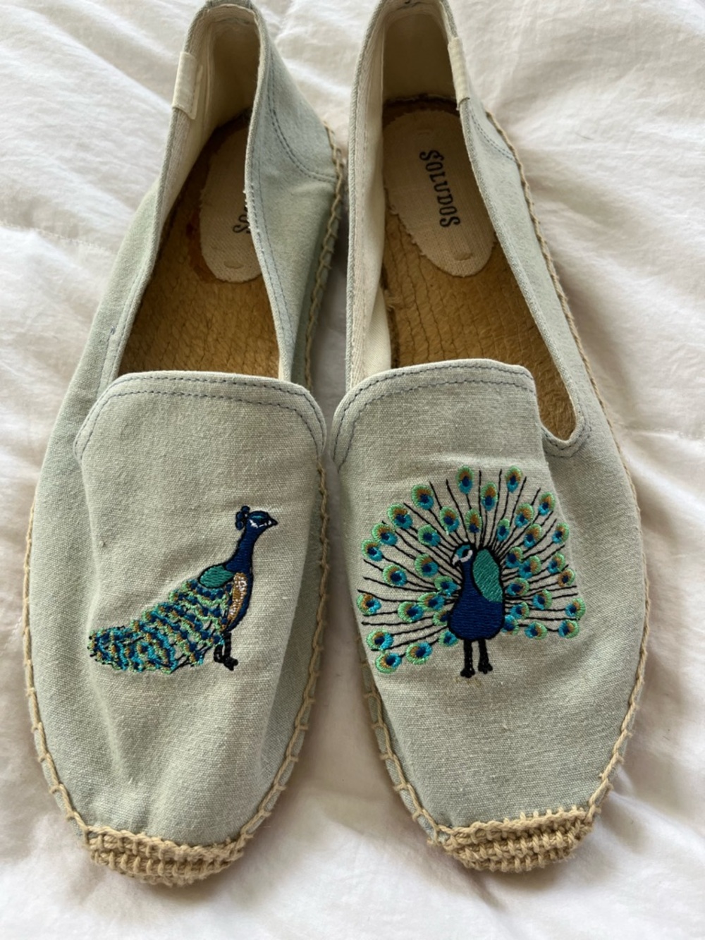 Soludos Embroidered Peacock Espadrilles - Light Faded Denim